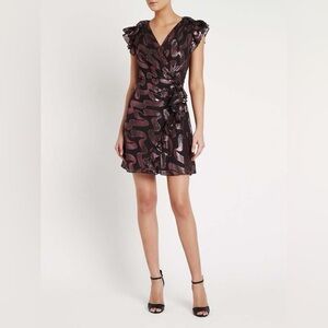 Rebecca Taylor Ruffle Lurex Jacquard Wrap Dress Metallic Black Pink Silk Size 4